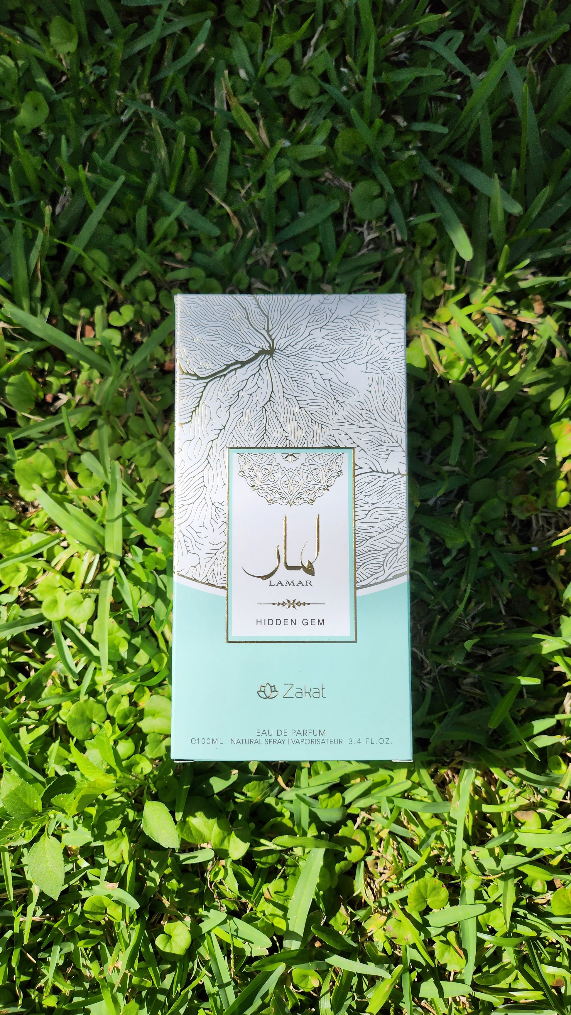 Lamar Hidden Gem by Zakat Perfume Box in the middle laying down in a grass field