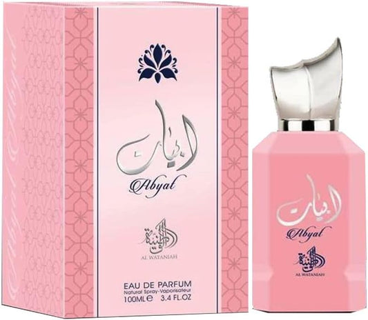 Abyat - AL WATANIAH - Pink bottle and box perfume front.