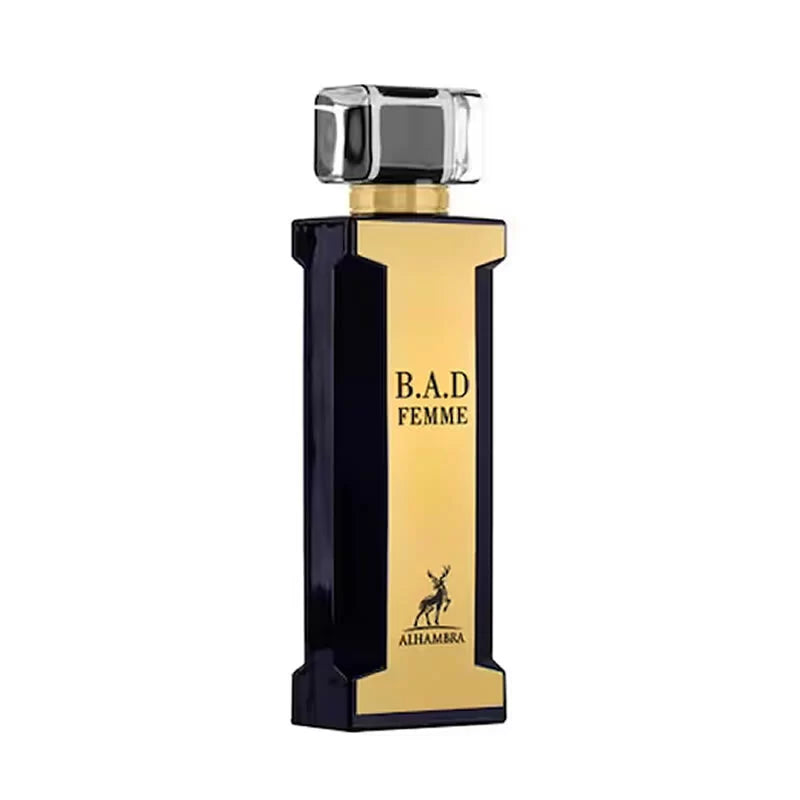 A luxurious B.A.D. FEMME Eau de Parfum bottle showcasing a contrasting design of rich black and shimmering gold. The transparent cap reveals a silver sprayer, with a graceful deer silhouette on the golden front. The bottle's design epitomizes opulence and captures the essence of the fragrance within.