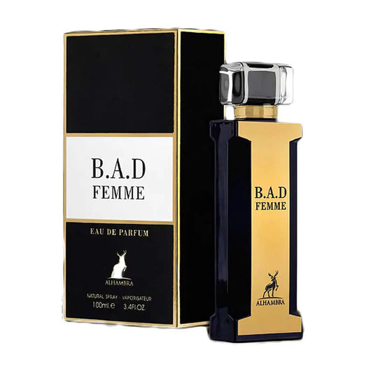 An elegant B.A.D. FEMME Eau de Parfum box in sleek black and gold. The box features crisp typography, and an intricate silhouette of a rabbit under 'ALHAMBRA' branding. Designed to evoke luxury and sophistication, it holds 100ml or 3.4oz of the fragrance.