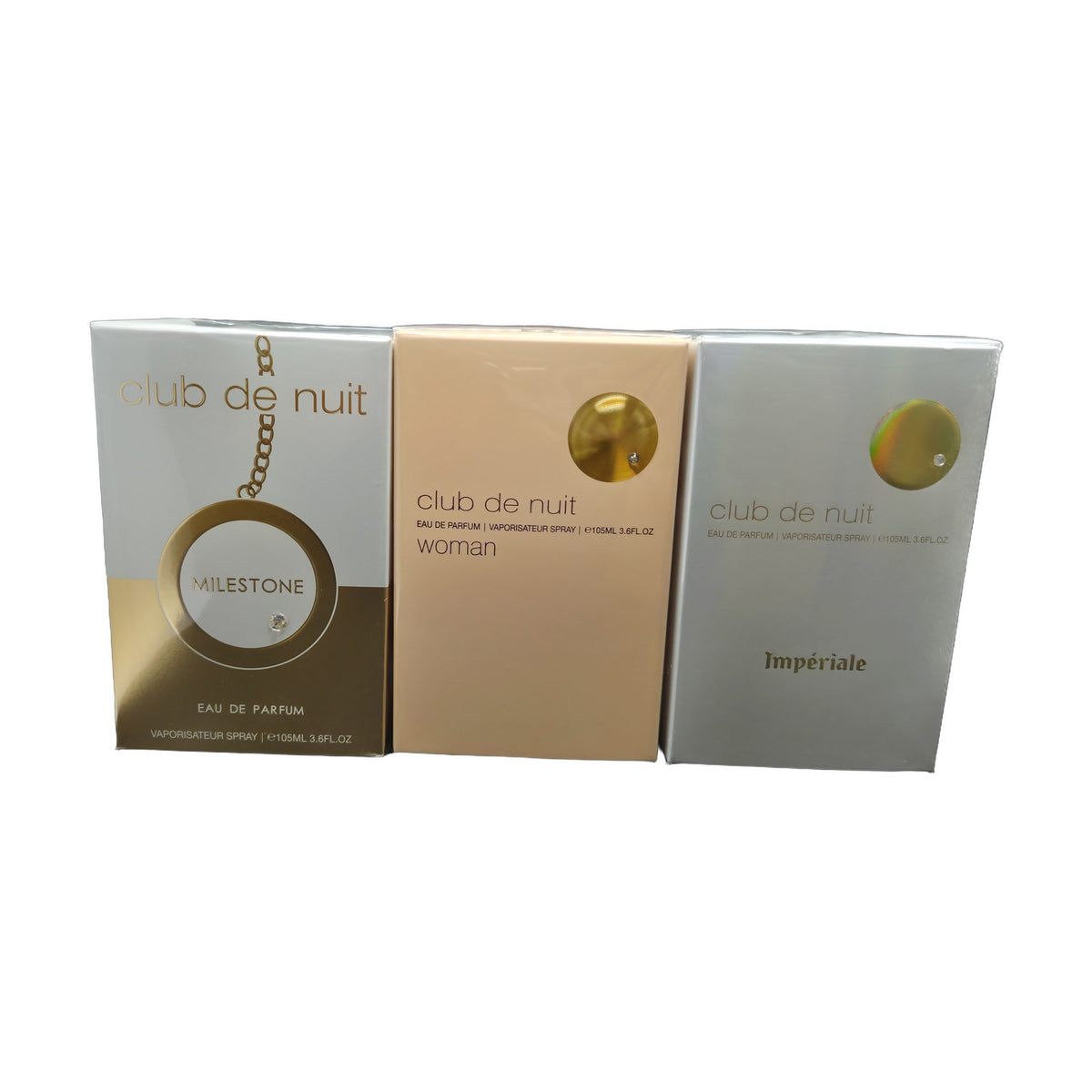 Armaf Club de Nuit Milestone, Woman and White Impériale boxes